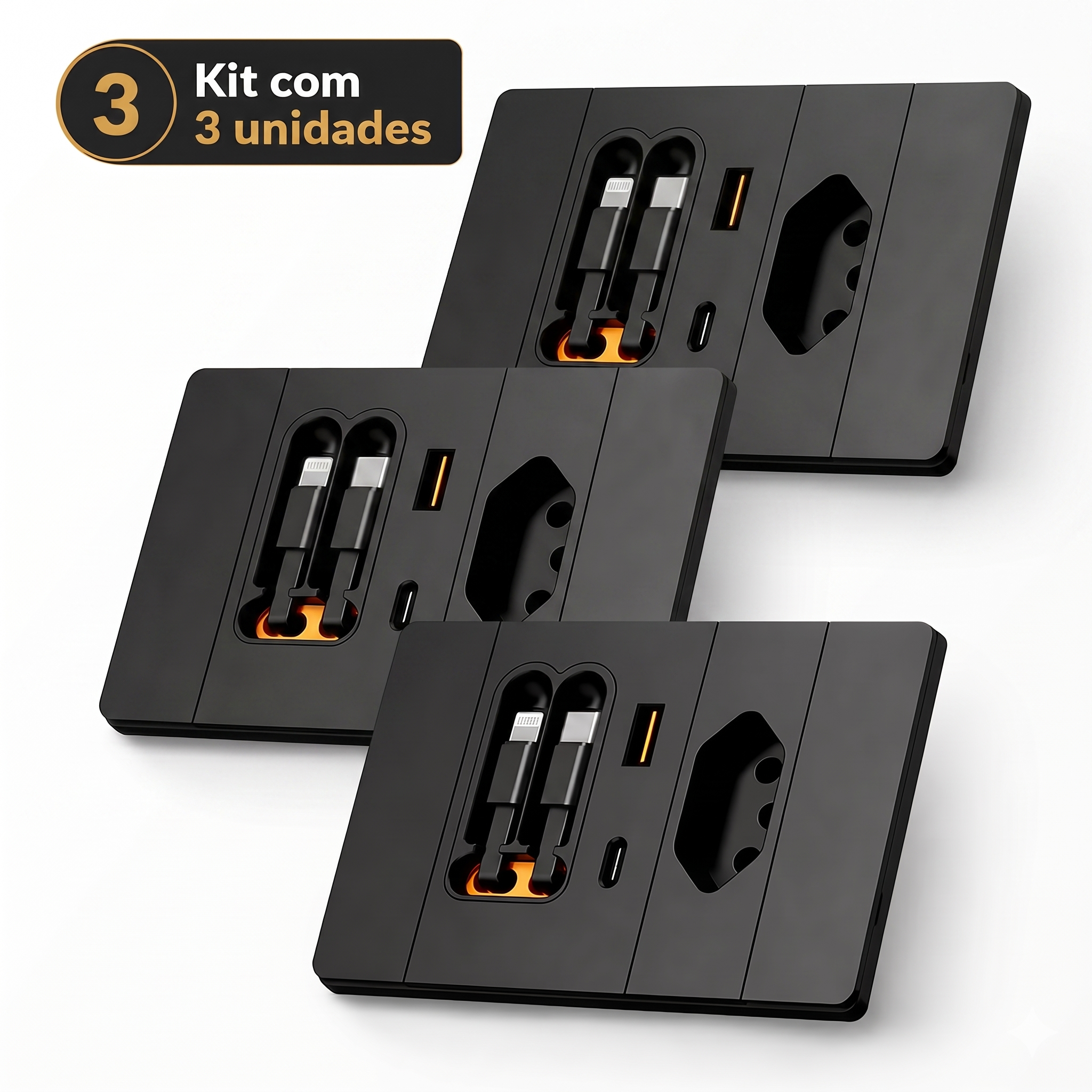 KIT 3 Tomada de Parede USB-C com Suporte Retrátil para Cabo — GaN PD20W 15A